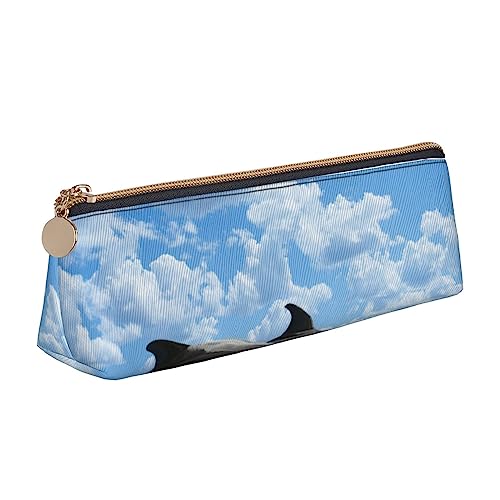 WQUVMDS Federmäppchen aus Leder mit zwei Delfinen, dreieckig, Reißverschluss, Stifteetui, Kosmetiktasche, Schreibwaren-Tasche von WQUVMDS