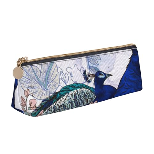 WQUVMDS Federmäppchen mit Pfauen-Blumendruck, Leder, dreieckig, Reißverschluss, Stiftetasche, Kosmetiktasche, Schreibwaren-Tasche von WQUVMDS