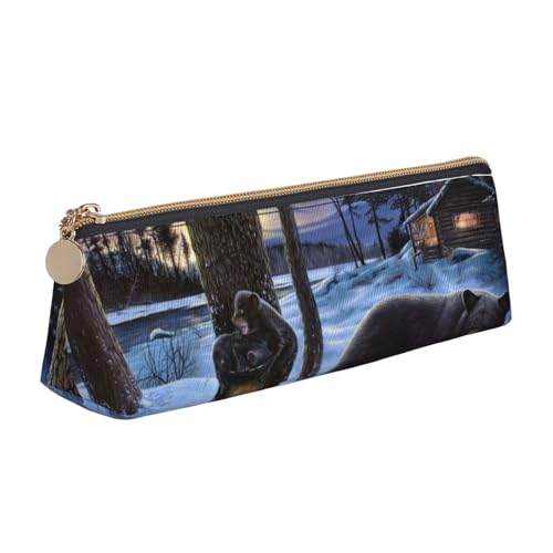 WQUVMDS Federmäppchen mit Winterbär-Aufdruck, aus Leder, dreieckig, Reißverschluss, Stiftetasche, Kosmetiktasche, Schreibwaren-Tasche von WQUVMDS