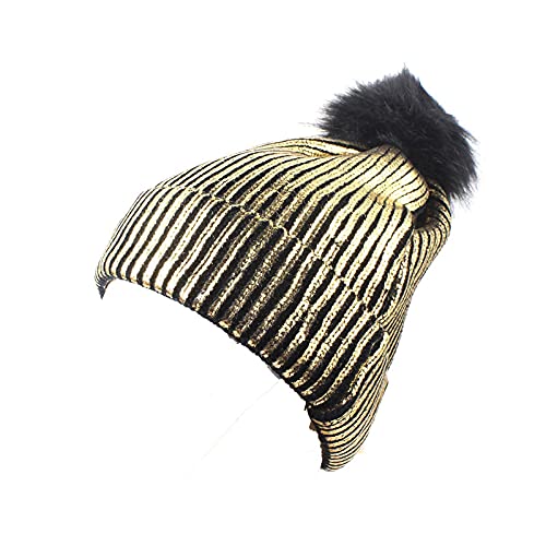 WQZYY&ASDCD Mütze Beanie Hut Damen Mütze Strick Gold Silber Beanies Pompom Ball Mütze Warme Mützen Weibliche Skullies Mütze Damen Mütze Hut Golden von WQZYY&ASDCD