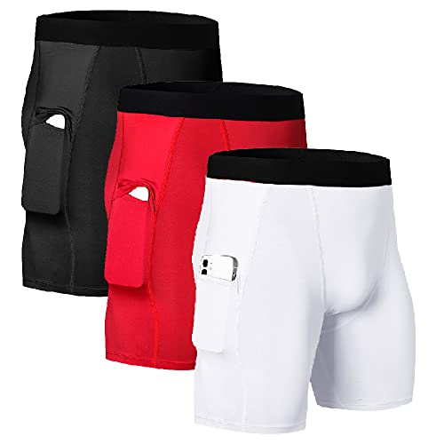 WRAGCFM Herren Athletic Kompressions-Shorts mit Taschen, Laufen, Workout, aktive Unterwäsche, 01406-schwarz+weiß+rot, Mittel von WRAGCFM