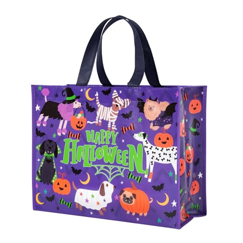 WRAPAHOLIC Große wiederverwendbare Halloween-Geschenktasche mit Griffen, 25,4 x 12,7 x 33 cm, wiederverwendbare Halloween-Taschen mit Kürbis und bezauberndem Hunde-Design, perfekt für Urlaub von WRAPAHOLIC