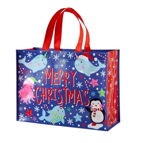 WRAPAHOLIC Große wiederverwendbare Weihnachtstasche mit Griffen, 25,4 x 12,7 x 33 cm, Delfin- und Pinguin-Design, perfekt für Partygeschenke, Einkaufstasche von WRAPAHOLIC