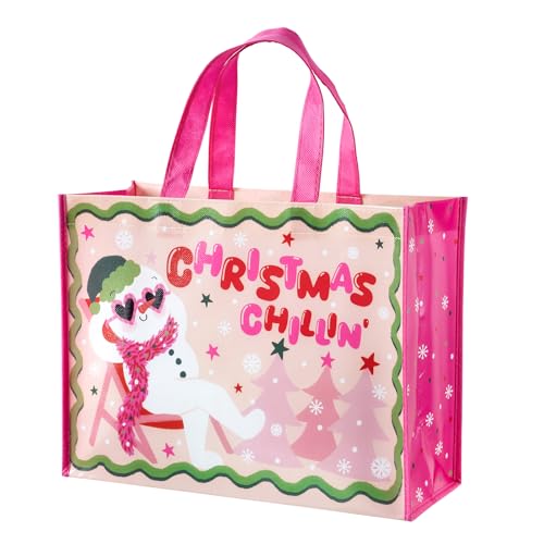 WRAPAHOLIC Große wiederverwendbare Weihnachtstasche mit Griffen, 25,4 x 12,7 x 33 cm, lustiges Schneemann-Design, perfekt für Partygeschenke, Einkaufstasche von WRAPAHOLIC