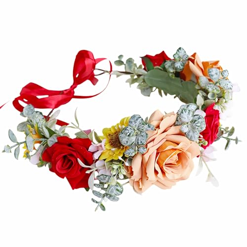 WREWING Floral Braut Haarkranz Stirnband für Hochzeit Mutterschaft Woodland Fotoshooting Rose Blume Krone Rot von WREWING