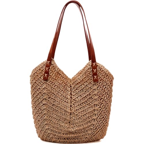 WREWING Premium Stroh-Strandtasche für Damen, handgewebte Sommertasche mit Ledergriffen, Retro-Stil, gewebte Schultertasche für Urlaub, Einkaufen und den täglichen Gebrauch, khaki, Large WREWING Premium Stroh-Strandtasche für Damen, handgewebte Sommertasche mit Ledergriffen, Retro-Stil, gewebte Schultertasche für Urlaub, Einkaufen und den täglichen Gebrauch, khaki, Large von WREWING