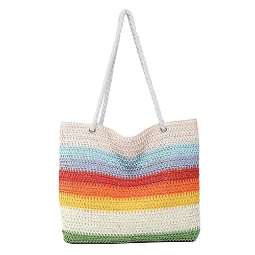 WREWING Strandtasche aus Stroh mit Regenbogenstreifen, große gewebte Tragetasche für Damen, modische Schultertasche mit buntem Boho-Design, vielseitige Sommer-Pool- und Markttasche, B, Large WREWING Strandtasche aus Stroh mit Regenbogenstreifen, große gewebte Tragetasche für Damen, modische Schultertasche mit buntem Boho-Design, vielseitige Sommer-Pool- und Markttasche, B, Large von WREWING