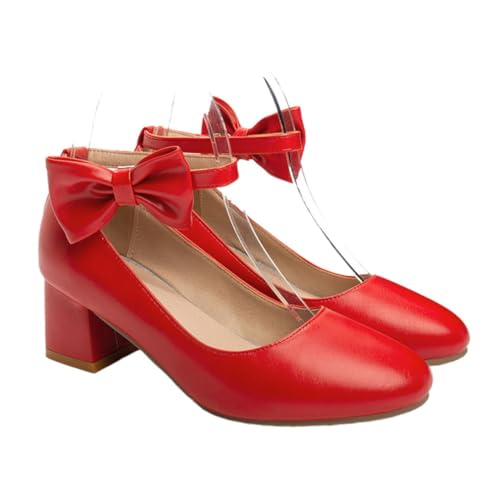 WRITWAA Damenschuhe Mit Mittelhohem Absatz Klobige Schuhe Mit Schleifendesign Flache Öffnung Schnallenriemen Für Damen Rot Us Langlebig Und Praktisch Für Alltag Und Spazierengehen von WRITWAA
