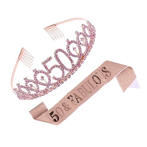 WRITWAA 1 Satz 2 Stück Krone zeremonieller Gürtel Dekoration Schärpe zum 50. Geburtstag Mädchen Königin party outfit party sachen schultergurt Party Schärpe Kristallhaarkamm Stoff Golden von WRITWAA