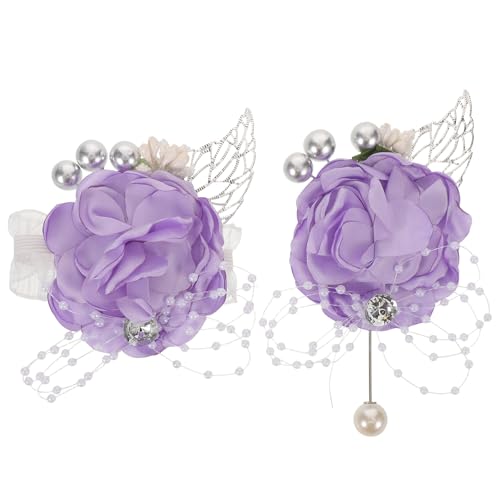 WRITWAA 1 Set Corsage und Boutonniere-Set: Elegante Handgelenkcorsage und Boutonniere für Braut, Bräutigam, Brautjungfern – Dekorative Brustnadel aus künstlichen Blumen für Hochzeitsfeiern von WRITWAA