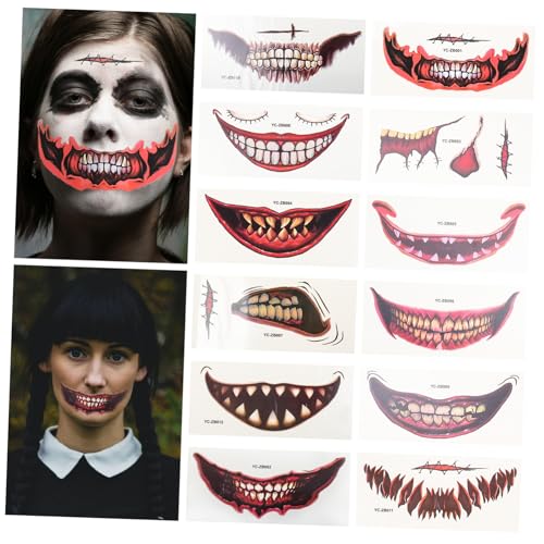 WRITWAA 12 Sätze Teiliges Halloween Temporary Tattoos Set Gruselige Mund Sticker Hautfreundliche Einfach Anzubringende Gesicht Tattoos für Halloween Kostümparty Karneval Tag der Toten von WRITWAA