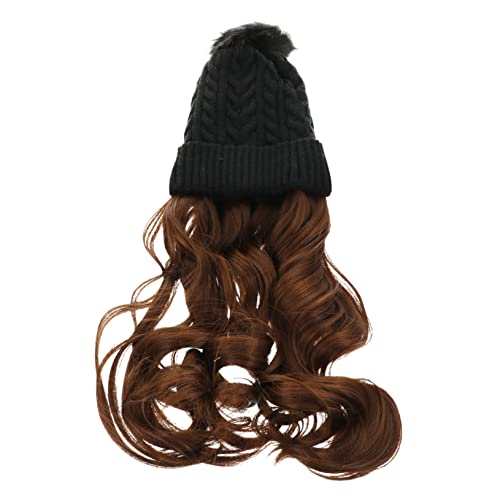 WRITWAA Gestrickte Perückenmütze für Frauen Lange Lockige Perücke Synthetisches Haarteil ein Stück Hut Design mit Bommel Bequem für Haarausfall und Alltag von WRITWAA