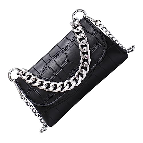 WRITWAA 1stück Schwarze Schultertasche Mit Kettenriemen Modische Pu Umhängetasche Im Krokodil-Design Leicht Langlebig Für Alltag Für Schule Shopping Und Freizeit von WRITWAA