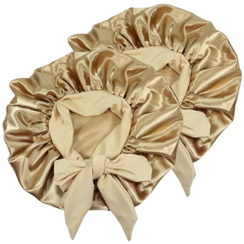 WRITWAA 2 Stück Satin Schlafhaube Elastische Duschhaube für Damen Atmungsaktive Schlafmütze für Gesichtswäsche und Beim Schlafen Große Haube für Langes Haar von WRITWAA
