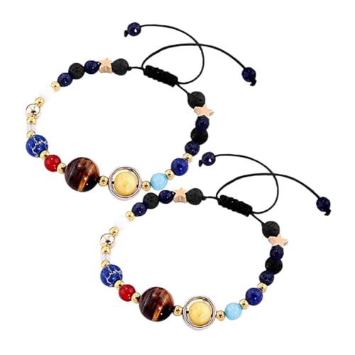 WRITWAA 2 Stück Sonnensystem Armband mit Natürlichen Heilsteinen Handgefertigt Verstellbar Planetenform für Damen Entspannend und Stilvoll für Alltag Reisen und Soziale Anlässe von WRITWAA