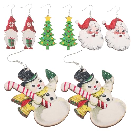 WRITWAA 4 Paare Weihnachtsohrringe Holz Ohrstecker Damen Festliche Xmas Baum Schneemann Santa von WRITWAA