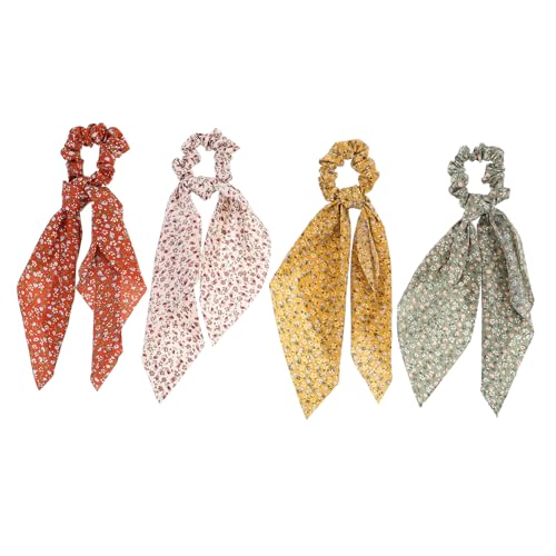 WRITWAA 4stücke Haargummis Mit Langem Und Blumenmuster Dekorative Gummibänder Für Damen Und Mädchen Pferdeschwanzhalter Aus Weichem Stoff in Rot Ingwergelb Beige Und von WRITWAA