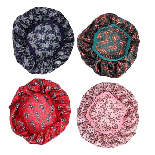 WRITWAA 4 Stück Damen Elastische Schlafhaube Atmungsaktives Turban Haarbonnet Verstellbare Nachtmütze für Komfort und Haarschutz für Reisen und Zuhause von WRITWAA