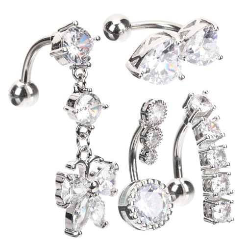 WRITWAA 4 Stück Edelstahl Bauchnabelpiercing Teilig mit Zirkonia Komfortabler Sitz Rostfrei Modischer Körperschmuck für Damen für Strand Urlaub Alltag und Sommerkleidung von WRITWAA