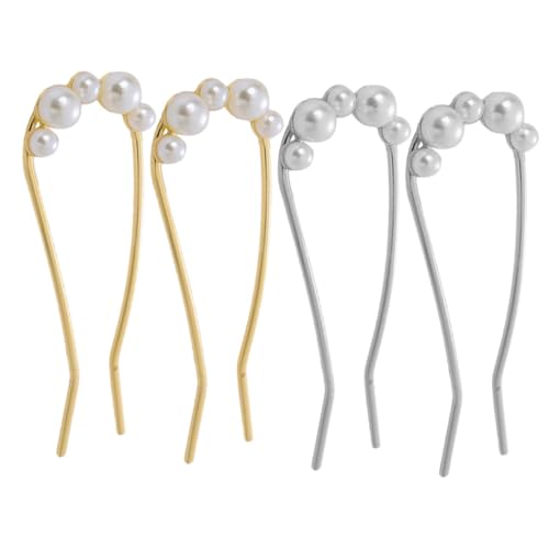 WRITWAA 4 Stück Teiliges U förmige Haarnadeln mit Perlen Französische Haargabeln aus Metall Haarschmuck für Damen Chignon haarstäbe Geeignet für Zöpfe und Dutt Vintage Stil Gold und von WRITWAA