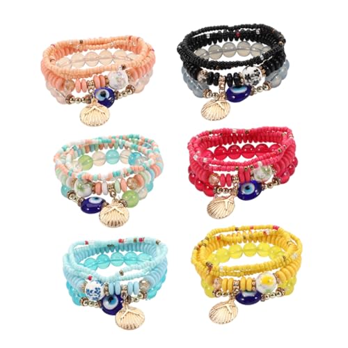 WRITWAA 6 Sätze Boho Damen Armbänder Böhmische Mehrlagige Perlenarmbänder mit Bösem Auge Charm Farbige Geflochtene Armbänder für Frauen Wristwear von WRITWAA