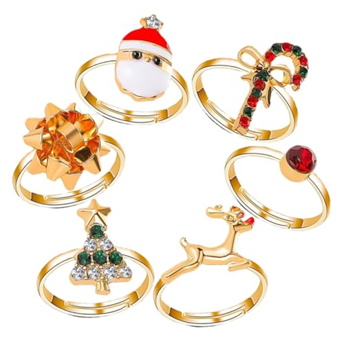 WRITWAA 6 Stück Teiliges Verstellbares Weihnachtsring mit Niedlichen Cartoon und Weihnachtsbaum Motiven Bunte Finger Ringe als Partygeschenke und Tütenfüller für Weihnachtsfeiern von WRITWAA