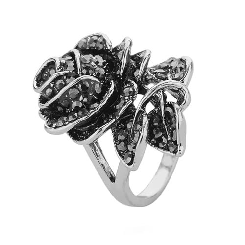 WRITWAA Antiker Schwarzer Rosenring Vintage Mehrschichtiges Design mit Funkelnden Zirkonia Damenring Silber Ausdrucksstarker Blütenblätter Schmuck von WRITWAA