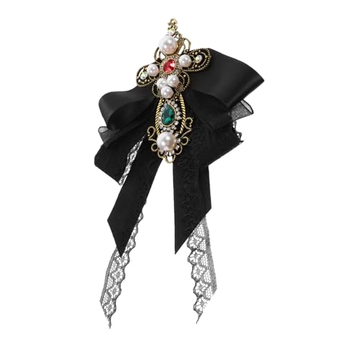 WRITWAA Barockstil Spitzen Schleifenbrosche Damen Vintage Krawattenbrosche mit Anstecknadel für Blusen Rundhalsausschnitt Vielseitig Einsetzbar Schwarz von WRITWAA