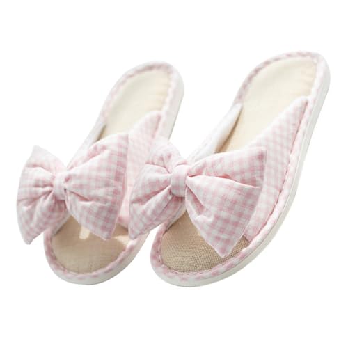 WRITWAA Bowknot Peep Toe Hausschuhe Damen Atmungsaktive Baumwolle leinen Slipper Rutschfeste Dicke Sohle Bequeme Indoor Pantoffeln Sommer Schuhe von WRITWAA