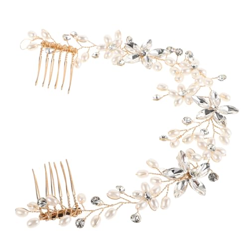 WRITWAA Braut Haarschmuck Gold mit Perlen und Strass Handgefertigter Doppelkamm Blumen Haarreif Stabiles Komfortables Headpiece für Hochzeit und Brautjungfern von WRITWAA