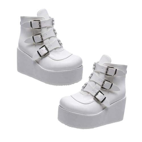WRITWAA Damen Ankle Boots mit Rundem Zehenbereich PU Material Mittelhoher Blockabsatz Rutschfeste Gummisohle Atmungsaktiv Bequeme Kurzstiefel im Retro Stil für Alltag und Frühling Weiß von WRITWAA
