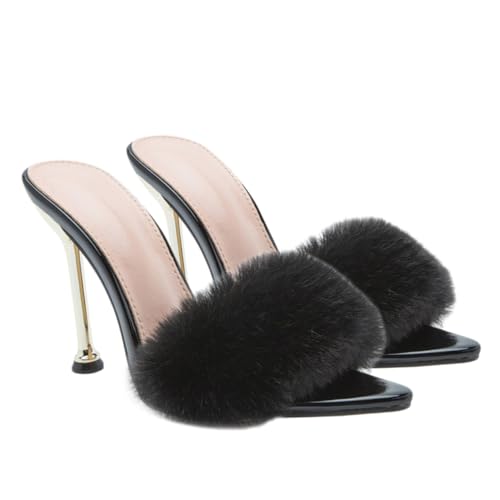 WRITWAA Damen High Heel Sandalen mit Dünnem Absatz Leichte Sommerschuhe mit Flauschiger Dekoration Pantoletten für Mädchen Schwarz von WRITWAA