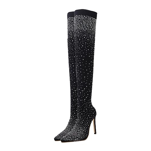 WRITWAA Damen High Heel Stiefeletten mit Funkelnden Strasssteinen Spitz Zulaufend Rutschfest Schwarze Boots für Herbst Frühling und Winter Komfortabel und Atmungsaktiv von WRITWAA