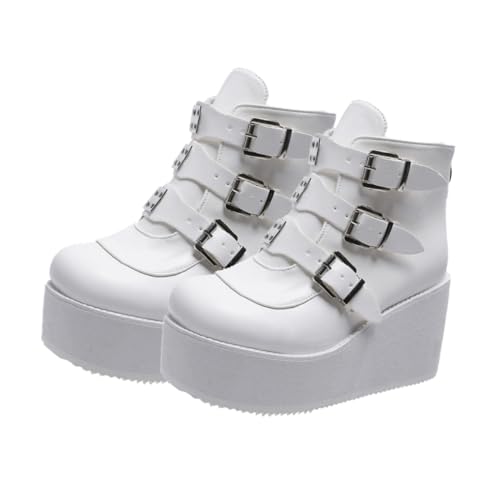 WRITWAA Damen Kurzschaft Stiefeletten aus Hochwertigem PU mit Rundem Zehenbereich Modische Retro Ankle Boots Dicke Absätze für All Seasons Vielseitige Komfortschuhe für Büro und Party Weiß von WRITWAA