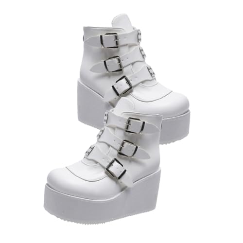 WRITWAA Damen Kurzschaft Stiefeletten mit Dickem Absatz Rutschfeste Gummisohle Bequeme PU Oberfläche Modische Runde Zehenpartie Vielseitig Kombinierbar für Jahreszeiten Weiß von WRITWAA