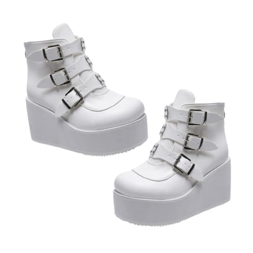 WRITWAA Damen Kurzstiefel Weiß PU Obermaterial Runde Zehen Retro Design Rutschfeste Gummisohle Bequeme Atmungsaktive Stiefeletten für Frühling Herbst Winter von WRITWAA