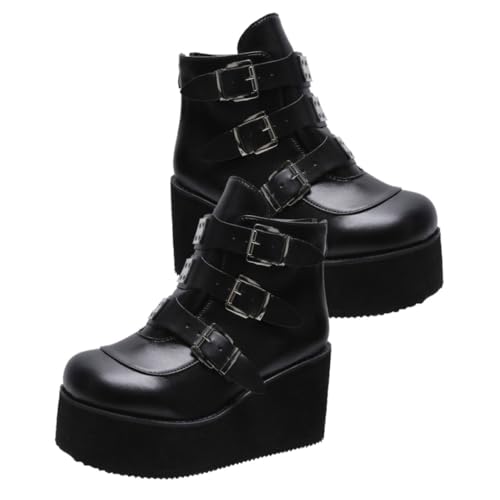 WRITWAA Damen Kurzstiefel mit Dickem Blockabsatz Runde Zehen PU Obermaterial Vintage Stil Bequeme Einlegesohlen Vielseitig Kombinierbar für Frühling Herbst Schwarz von WRITWAA