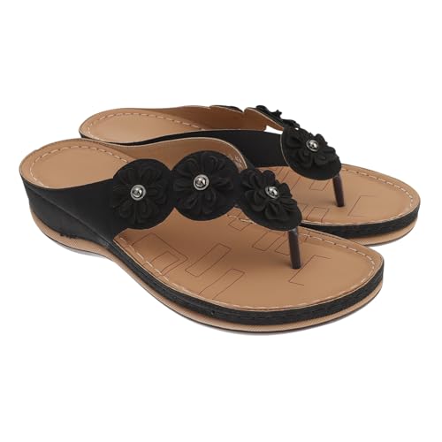WRITWAA Damen Sandalen Keilabsatz Schwarz Komfortable Sommer Strandschuhe Blumenmuster PU Material Leichte Rutschfeste Sandaletten für Freizeit und Urlaub von WRITWAA