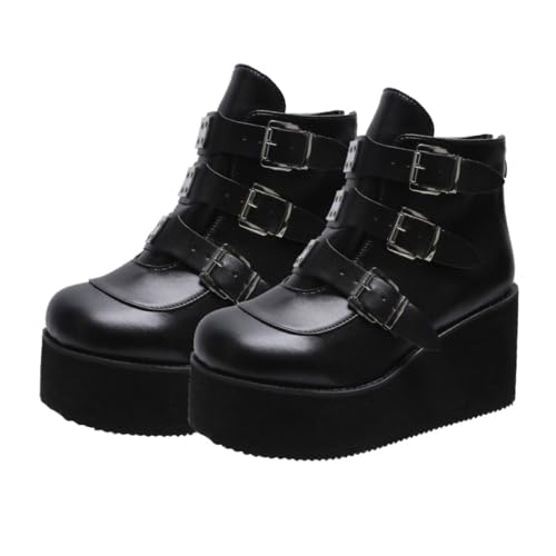 WRITWAA Damen Stiefeletten Kurzschaft PU mit Absatz Rundzehen Design Retro Stil Schwarz Komfortable Allwetter Schuhe von WRITWAA
