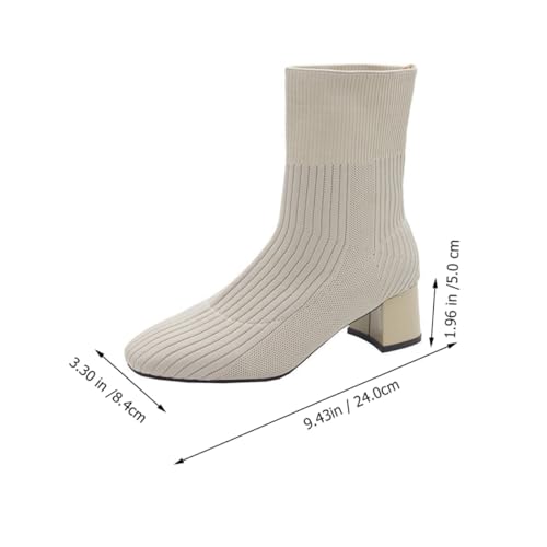 WRITWAA Damen Stiefeletten mit Chunky Absatz Herbst Gestricktes Obermaterial Atmungsaktive Kurzstiefel Komfortabel für Alltag und Freizeit Beige von WRITWAA