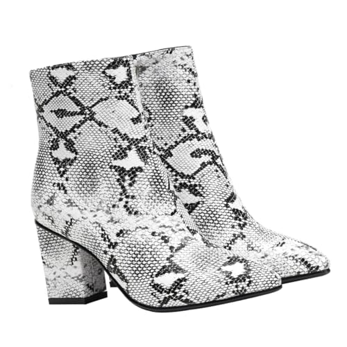 WRITWAA Damen Stiefeletten mit Dickem Absatz Modische Kurze High Heels Pu obermaterial Atmungsaktiv und Rutschfest Stylische Western Boots für Frauen Weiß von WRITWAA