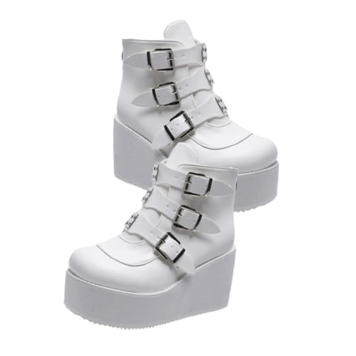 WRITWAA Damen Stiefeletten mit Dickem Absatz Runde Zehen Modische Kurzschaft Boots für Jahreszeiten Bequeme Rutschfeste PU Schuhe Stilvolle Damen Fußbekleidung Weiß von WRITWAA