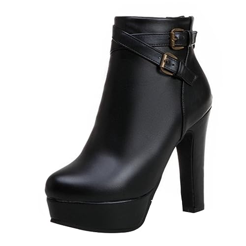 WRITWAA Damen Stiefeletten mit Dicker Absatzplatte Wasserdichte Kurzstiefel aus PU Runde Zehen Bequeme High Heels Eleganter Schuh für Herbst und Winter Modisch und Schwarz von WRITWAA
