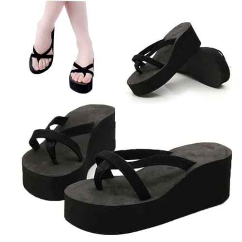 WRITWAA Damen Wedgesandalen Schwarz Sommer Keilabsatz Flops mit Absatzhöhe Anti rutsch Strand Freizeitschuh Leicht und Vielseitig für Indoor und Outdoor von WRITWAA