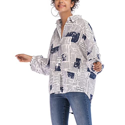 WRITWAA Damen Zeitung Druck Hemd Langarm Bluse Mit Revers Für Freizeit, Arbeit, Party, Strand, Zuhause - Blau, Größe M von WRITWAA