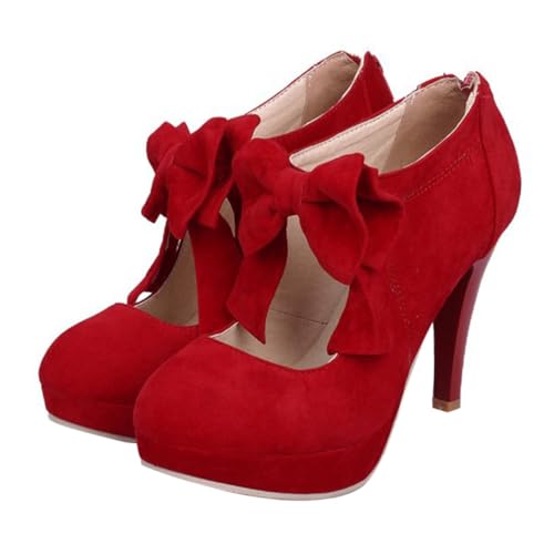 WRITWAA Elegante Damen High Heels mit Schleifen Detail Runder Zehenpartie und Stabilem Absatz Leichte Saison Sommer Schuhe Bequeme Stilvolle Pumps für Alltag und Besondere Anlässe Rot von WRITWAA