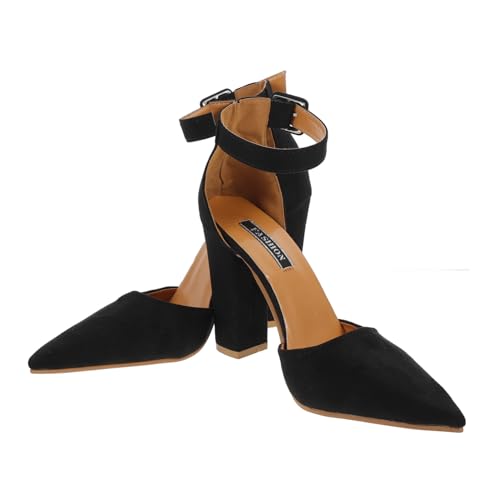WRITWAA Elegante Damen High heel Pumps mit Grobem Absatz Spitzem Zehenbereich und Verstellbarem Riemchen Atmungsaktiv Rutschfeste Sohle Komfortabel für Frühling und Sommer Schwarz von WRITWAA