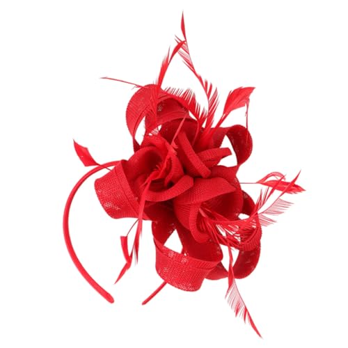 WRITWAA Fascinator Haarreif aus Leinenoptik mit Federn Eleganter Tea Party Hut für Damen Vintage Hochzeitskopfschmuck Stilvoller Hochzeitshut Rot Leicht und Bequem von WRITWAA