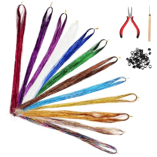 WRITWAA Glitzernde Haarsträhnen Farben mit Holz Häkelnadel Haarverlängerungsringen und Roter Zange für Frauen Langlebige Funkelnde Haarlametta Extensions für Festliche Frisuren von WRITWAA