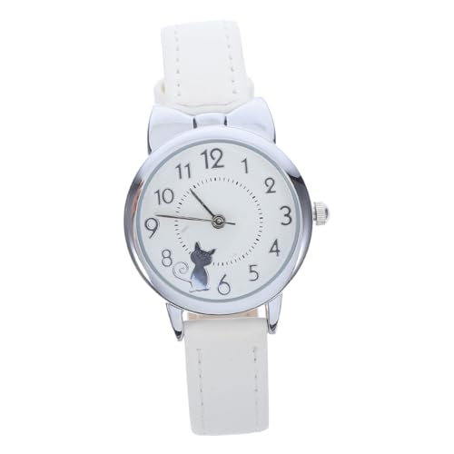 WRITWAA Kinderuhr Mädchen Analog Quarzuhr mit Süßem Katzenmotiv Silbernes Metallgehäuse Weißes PU Armband Leichte und Präzise Armbanduhr für Schule und Alltag Ablesbar Komfortabel von WRITWAA